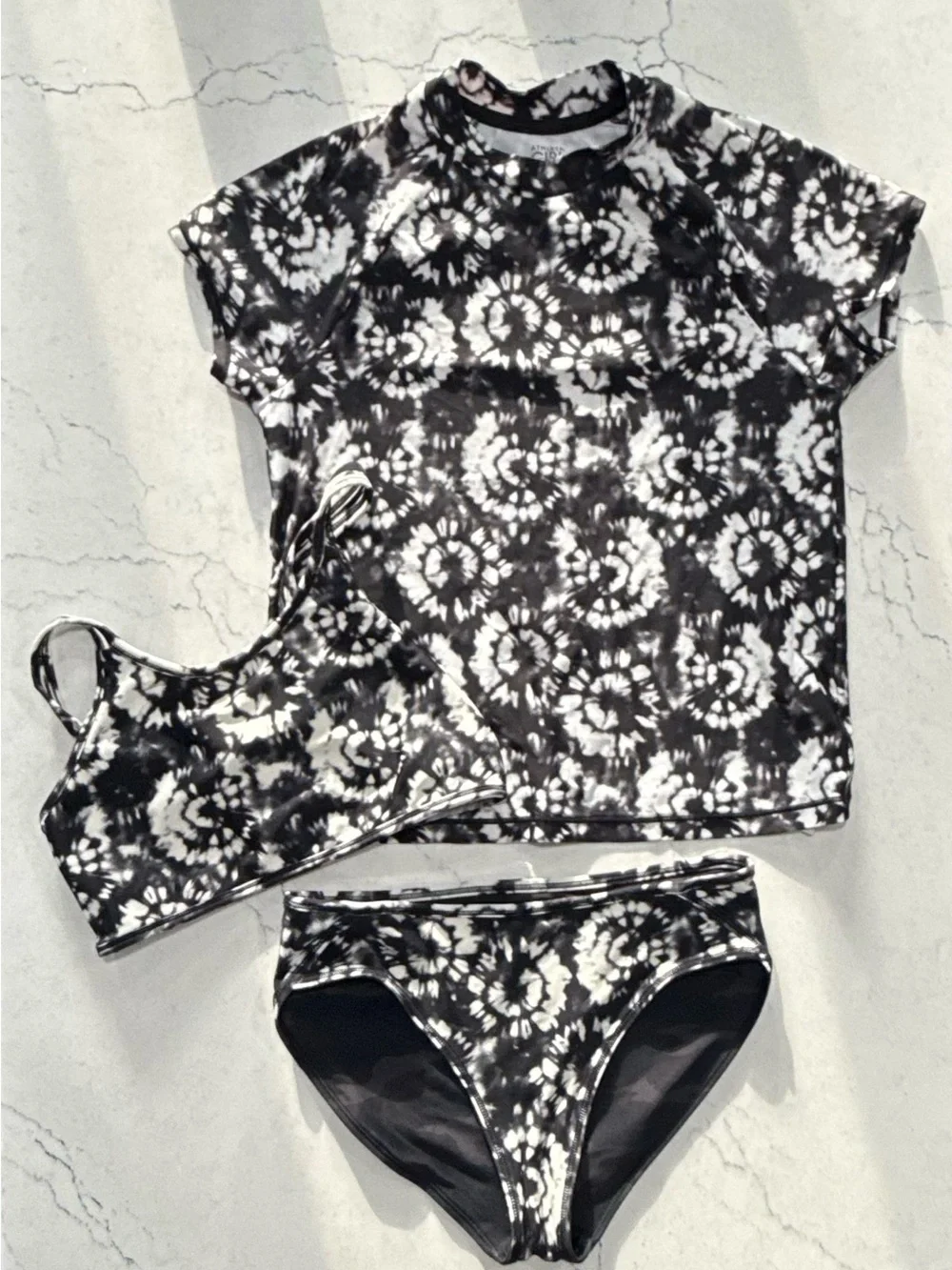 Athleta Black & White Tie-Dye Kids Three-Piece Swim Set